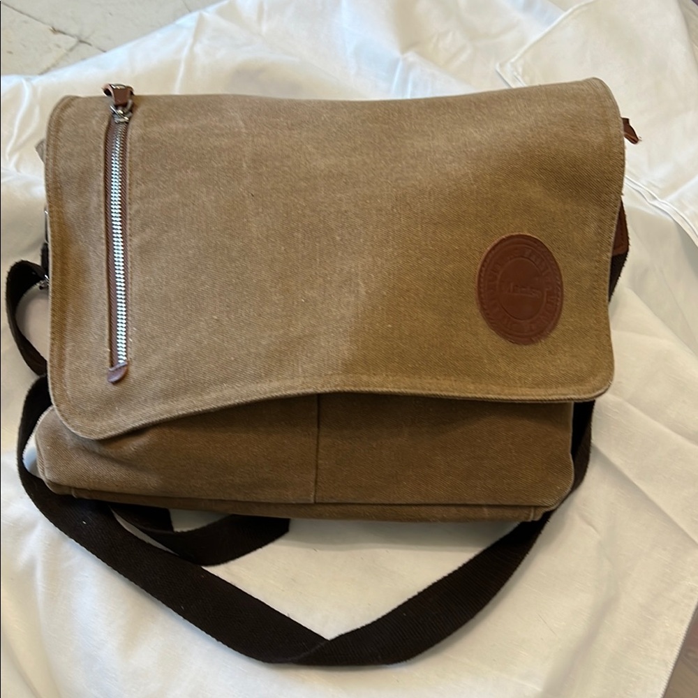 Brown Messenger Bag with Leather Patch and Adjustable Strap